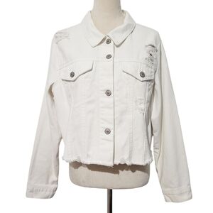 BKE Women’s White Distressed Denim Jacket Size Large Raw Hem 100% Cotton Casual